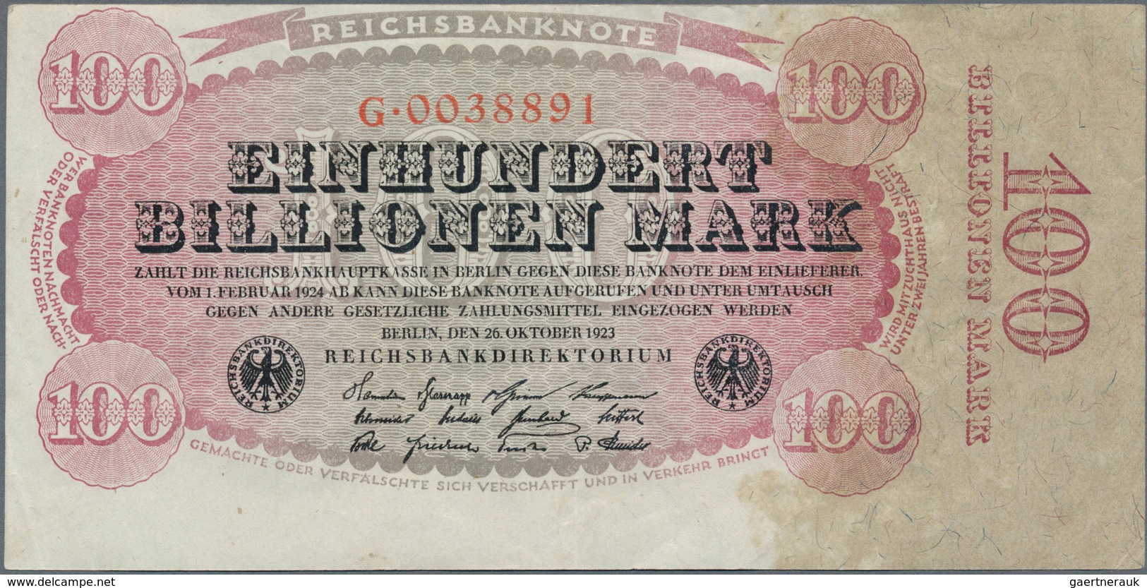 Deutschland - Deutsches Reich Bis 1945: 100 Billionen Mark 1923 Ro 125a, Leicht Verschobener Druck, - Andere & Zonder Classificatie