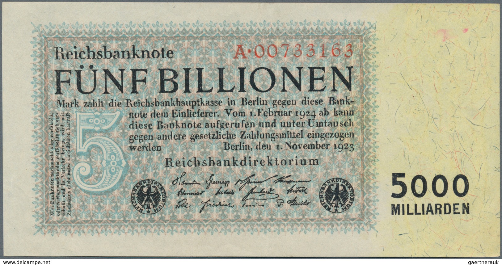 Deutschland - Deutsches Reich Bis 1945: 5 Billionen Reichsmark 1923 Ro 127a, Mit Leichter Mittelfalt - Andere & Zonder Classificatie