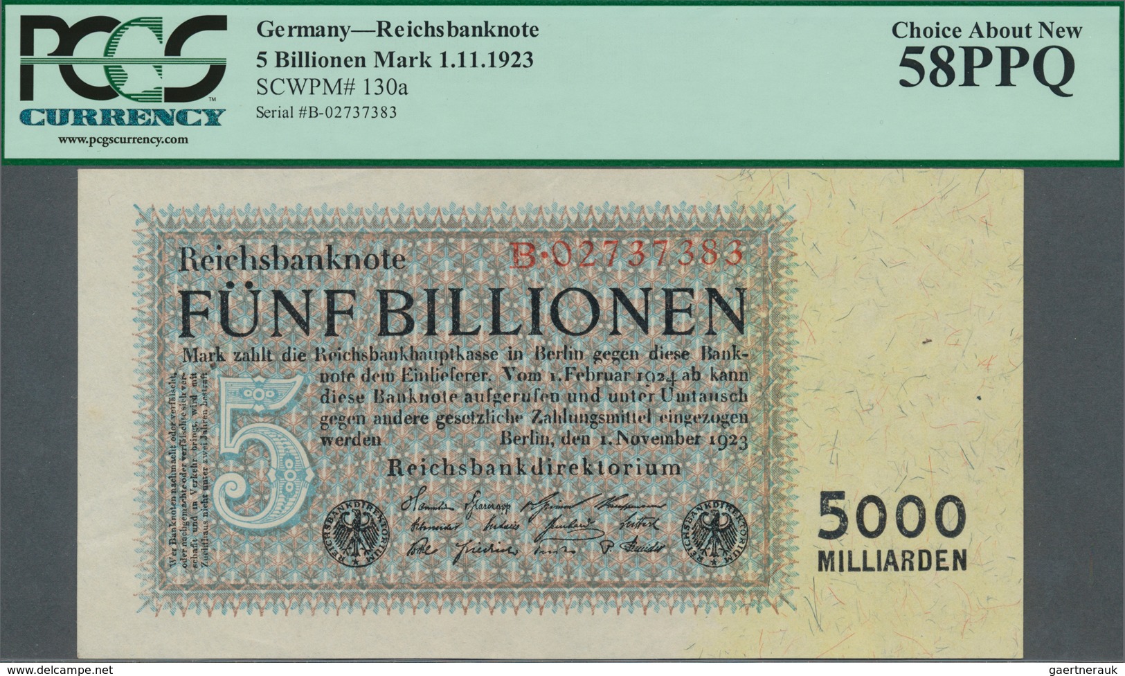 Deutschland - Deutsches Reich Bis 1945: 5 Billionen Reichsmark 1923 Ro 127a In Erhaltung: PCGS Gegra - Otros & Sin Clasificación