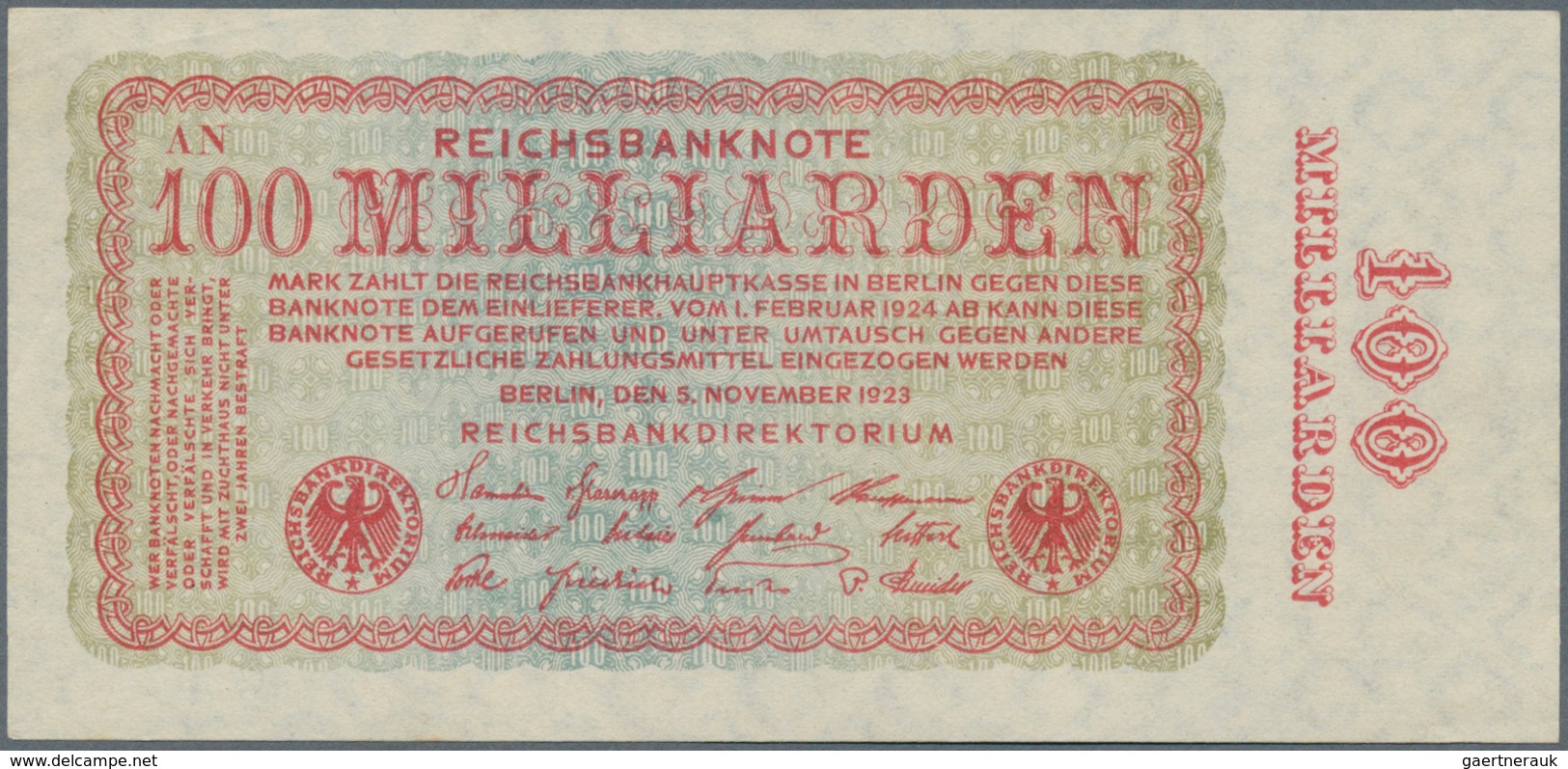 Deutschland - Deutsches Reich Bis 1945: 100 Milliarden Mark 1923, FZ: AN, Ro.130a, Leichter Diagonal - Other & Unclassified