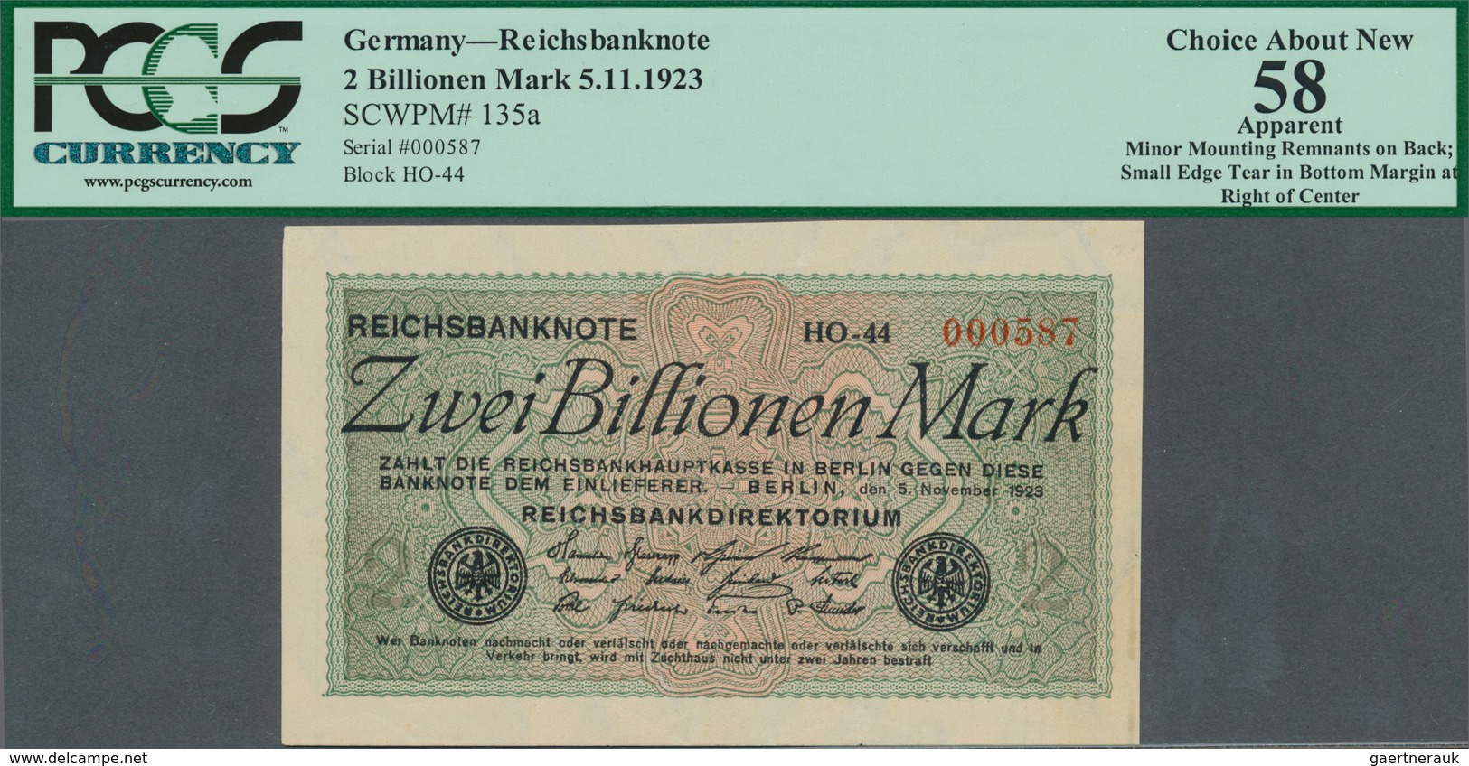 Deutschland - Deutsches Reich Bis 1945: 2 Billionen Mark 1923, Ro.132a, Klebereste Auf Der Rückseite - Altri & Non Classificati