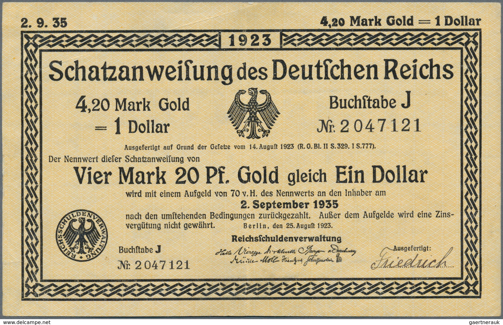 Deutschland - Deutsches Reich Bis 1945: Wertbeständiges Notgeld Schatzanweisung 4,20 Mark Gold = 1 D - Sonstige & Ohne Zuordnung