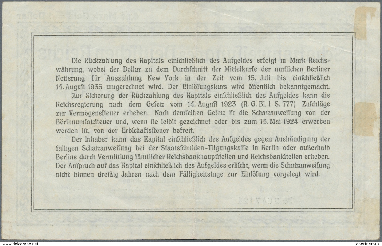 Deutschland - Deutsches Reich Bis 1945: Wertbeständiges Notgeld Schatzanweisung 4,20 Mark Gold = 1 D - Andere & Zonder Classificatie