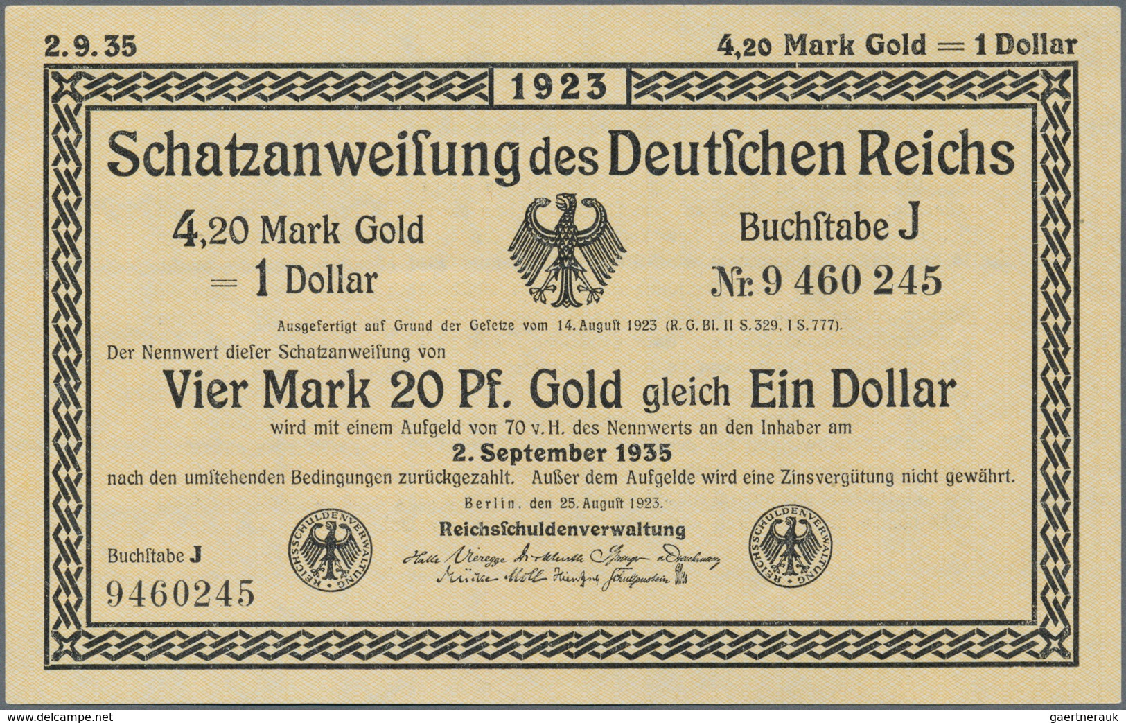 Deutschland - Deutsches Reich Bis 1945: Wertbeständiges Notgeld Schatzanweisung 4,20 Mark Gold = 1 D - Autres & Non Classés