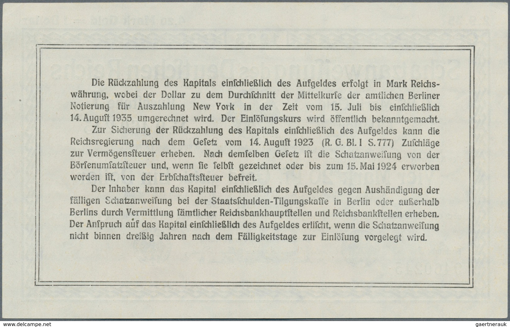 Deutschland - Deutsches Reich Bis 1945: Wertbeständiges Notgeld Schatzanweisung 4,20 Mark Gold = 1 D - Altri & Non Classificati