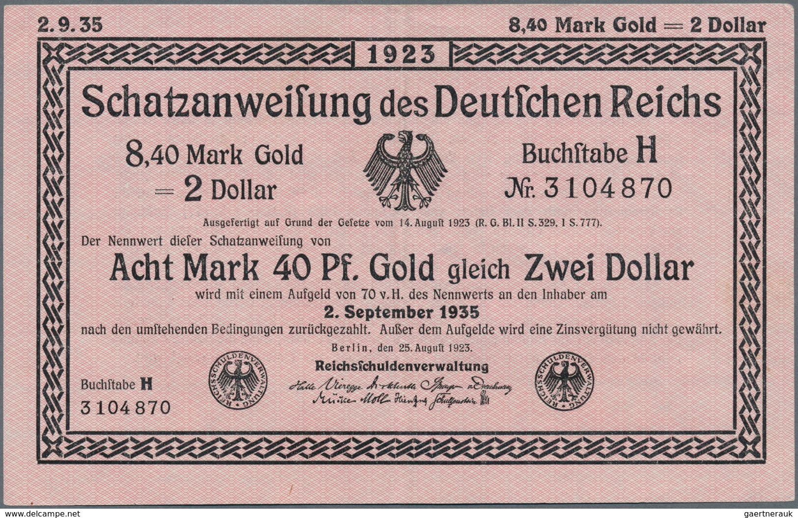 Deutschland - Deutsches Reich Bis 1945: Wertbeständiges Notgeld Schatzanweisung 8,40 Mark Gold = 2 D - Otros & Sin Clasificación