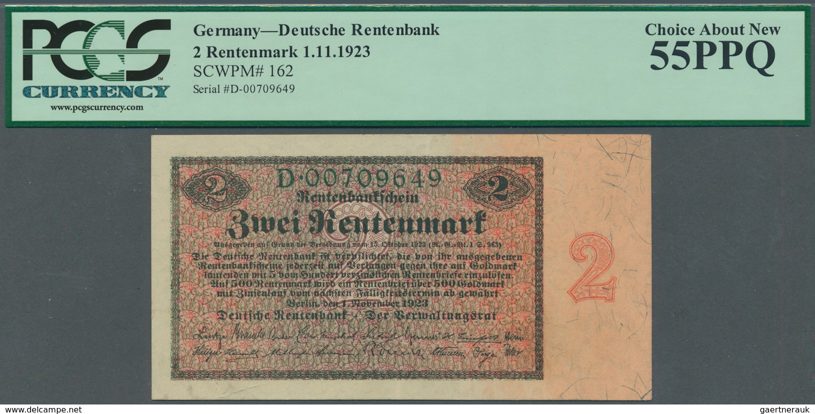 Deutschland - Deutsches Reich Bis 1945: 2 Rentenmark 1923, Ro.155, Winzige Knickstellen Am Rechten R - Autres & Non Classés