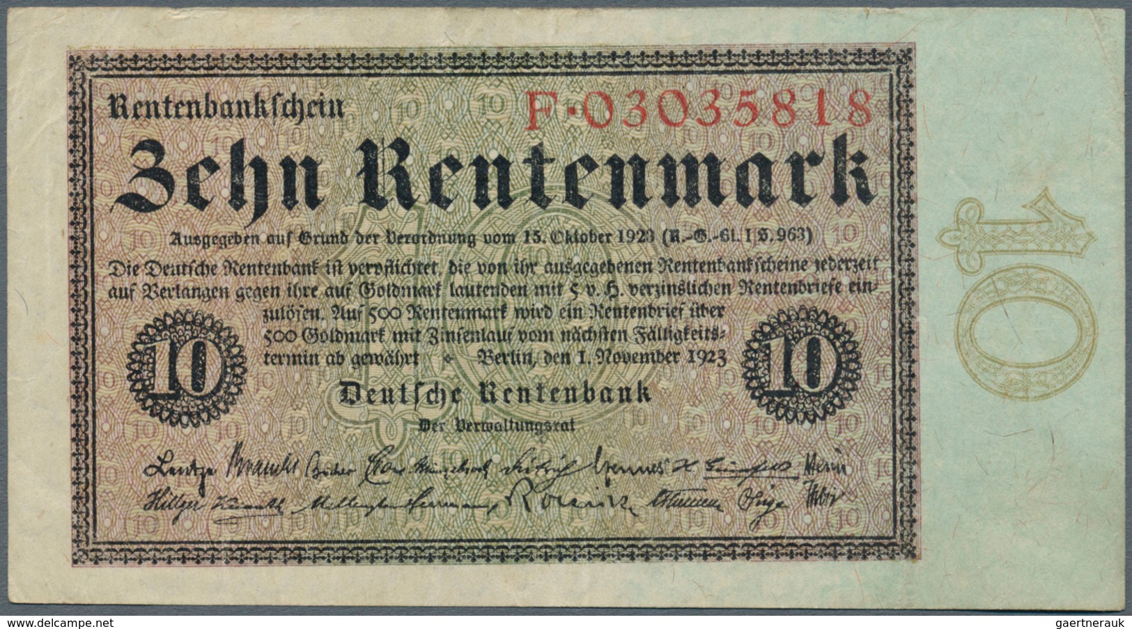 Deutschland - Deutsches Reich Bis 1945: 10 Rentenmark 1923, Ro.157 In Hübscher Gebrauchserhaltung Mi - Autres & Non Classés