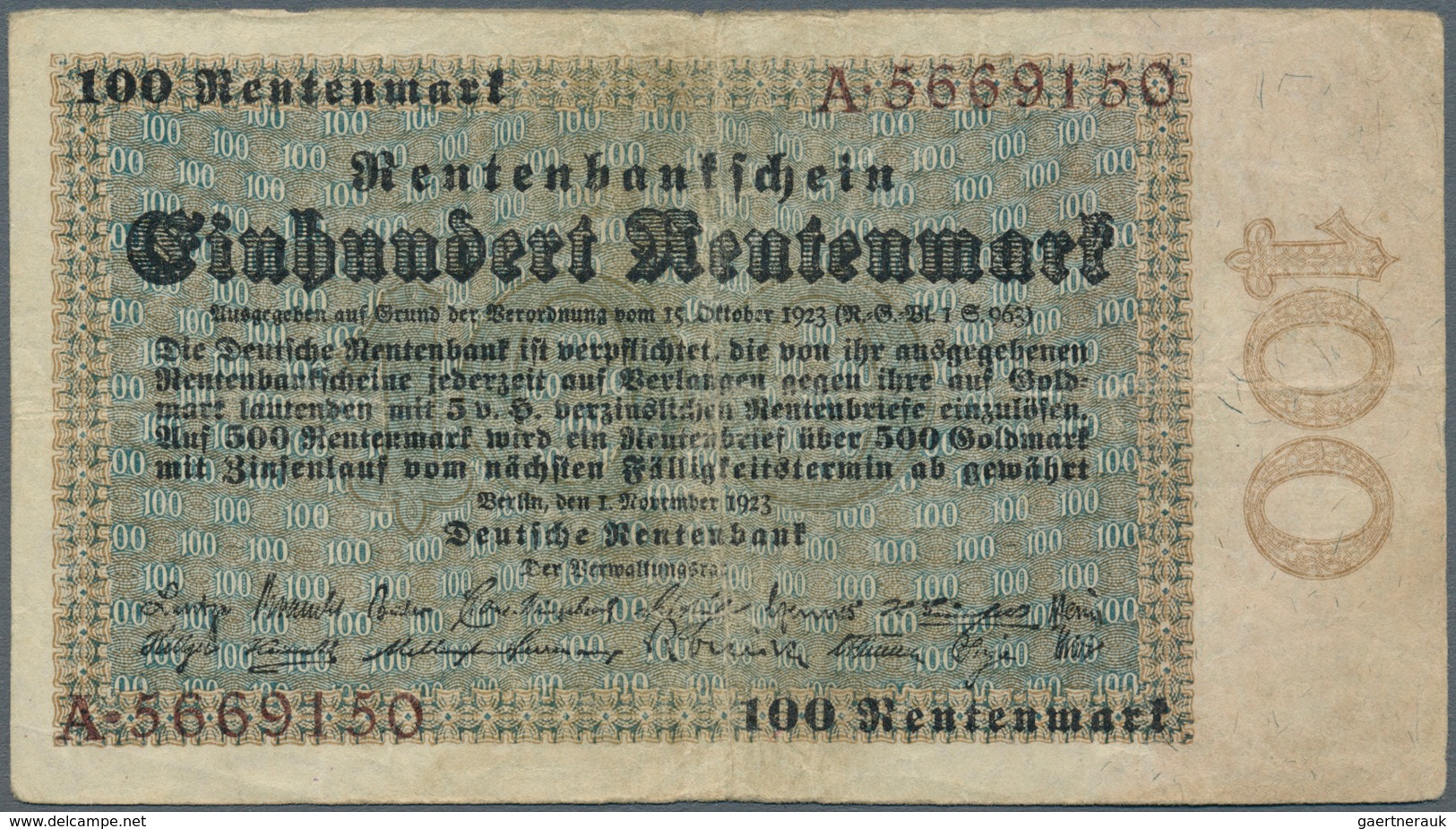 Deutschland - Deutsches Reich Bis 1945: 100 Rentenmark 1923, Ro.159 In Stärker Gebrauchter Erhaltung - Altri & Non Classificati