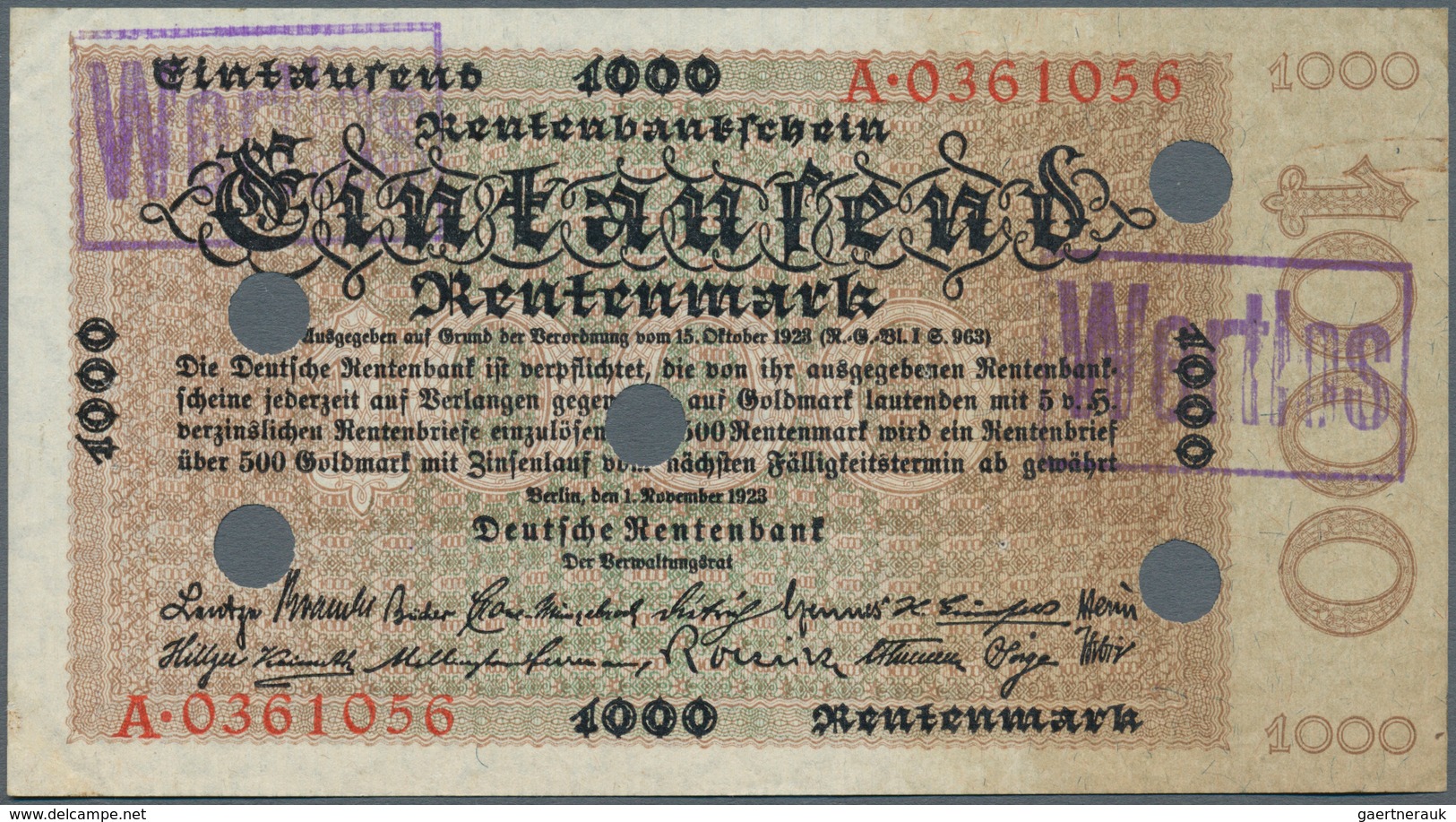 Deutschland - Deutsches Reich Bis 1945: 1000 Rentenmark 1923, Ro.161 Mit Mehreren Entwertungslöchern - Autres & Non Classés