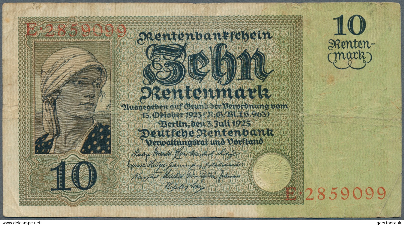 Deutschland - Deutsches Reich Bis 1945: 10 Rentenmark 1925, Ro.163 In Stärker Gebrauchter Erhaltung - Autres & Non Classés