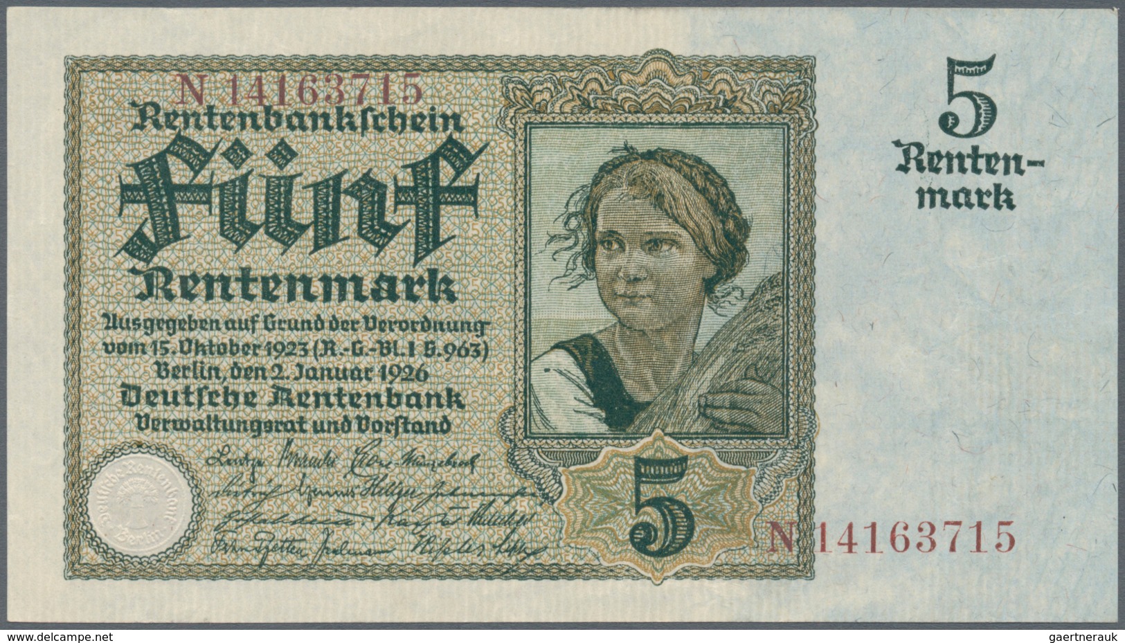 Deutschland - Deutsches Reich Bis 1945: 5 Rentenmark 1926 "Bauernmädchen", Ro.164b, Minimaler Mittel - Andere & Zonder Classificatie
