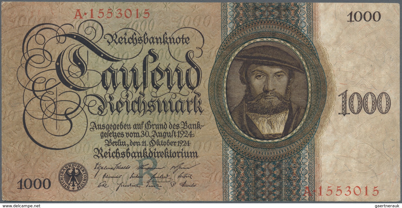 Deutschland - Deutsches Reich Bis 1945: 1000 Reichsmark 1924 (Holbein-Serie), Ro.172a, Leichter Mitt - Altri & Non Classificati