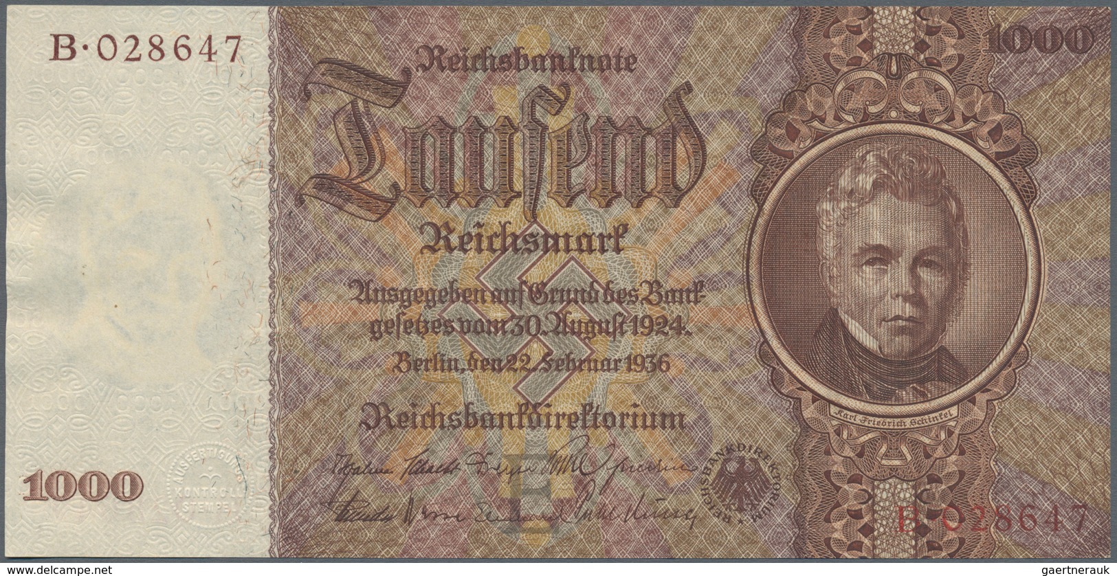 Deutschland - Deutsches Reich Bis 1945: 1000 Reichsmark 1936 "Schinkel" Mit Brauner Statt Roter KN, - Altri & Non Classificati