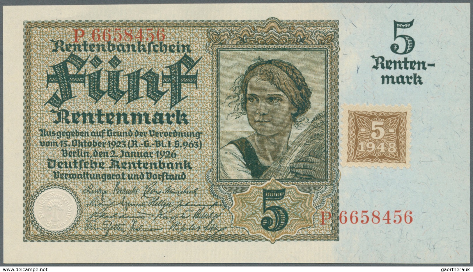 Deutschland - Deutsches Reich Bis 1945: 5 Rentenmark 1926 Mit Marke Von 1948 Ro 332a, In Erhaltung: - Altri & Non Classificati