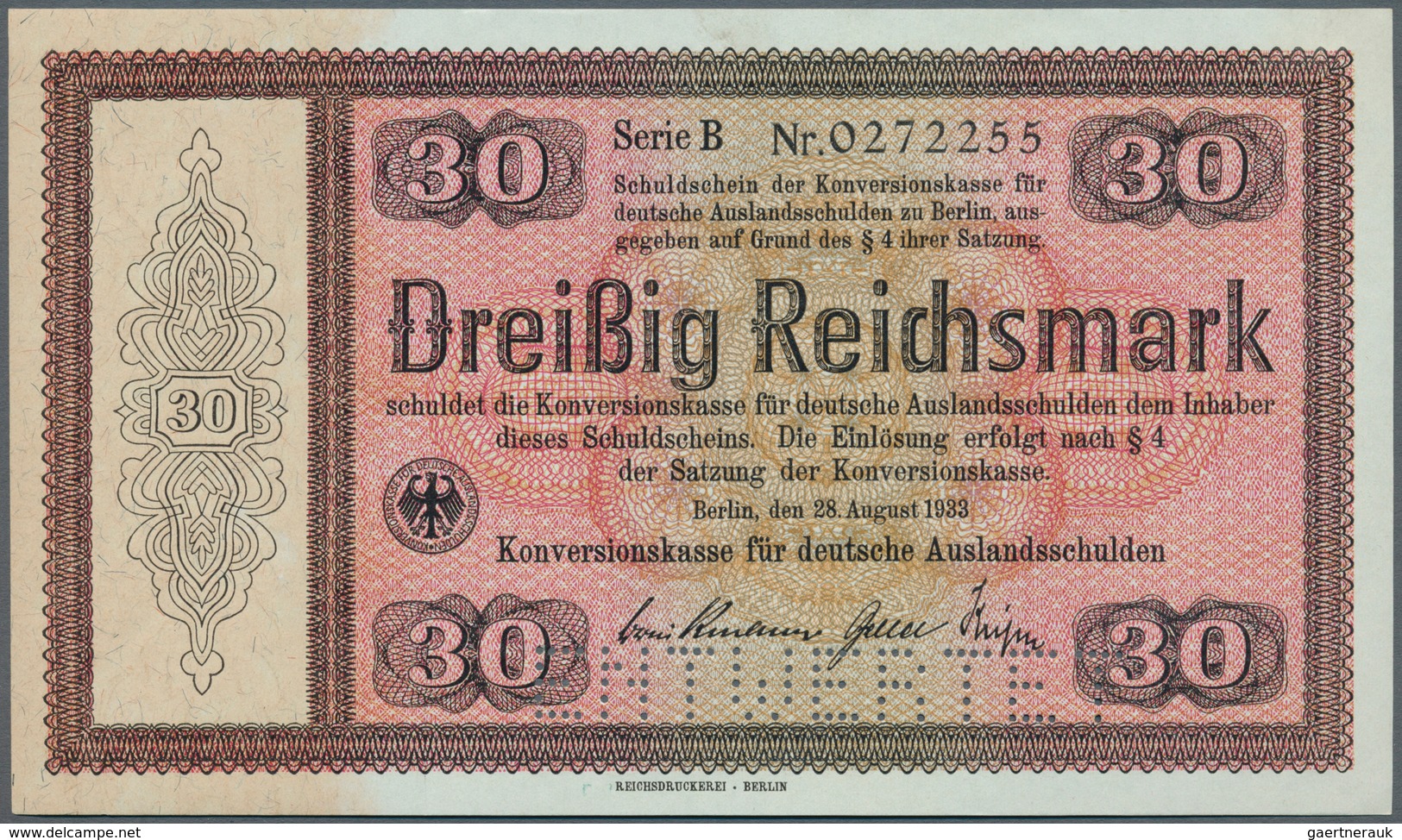 Deutschland - Deutsches Reich Bis 1945: Reichskonversionskasse: 30 Reichsmark 1933, Ohne Heftlöcher - Otros & Sin Clasificación