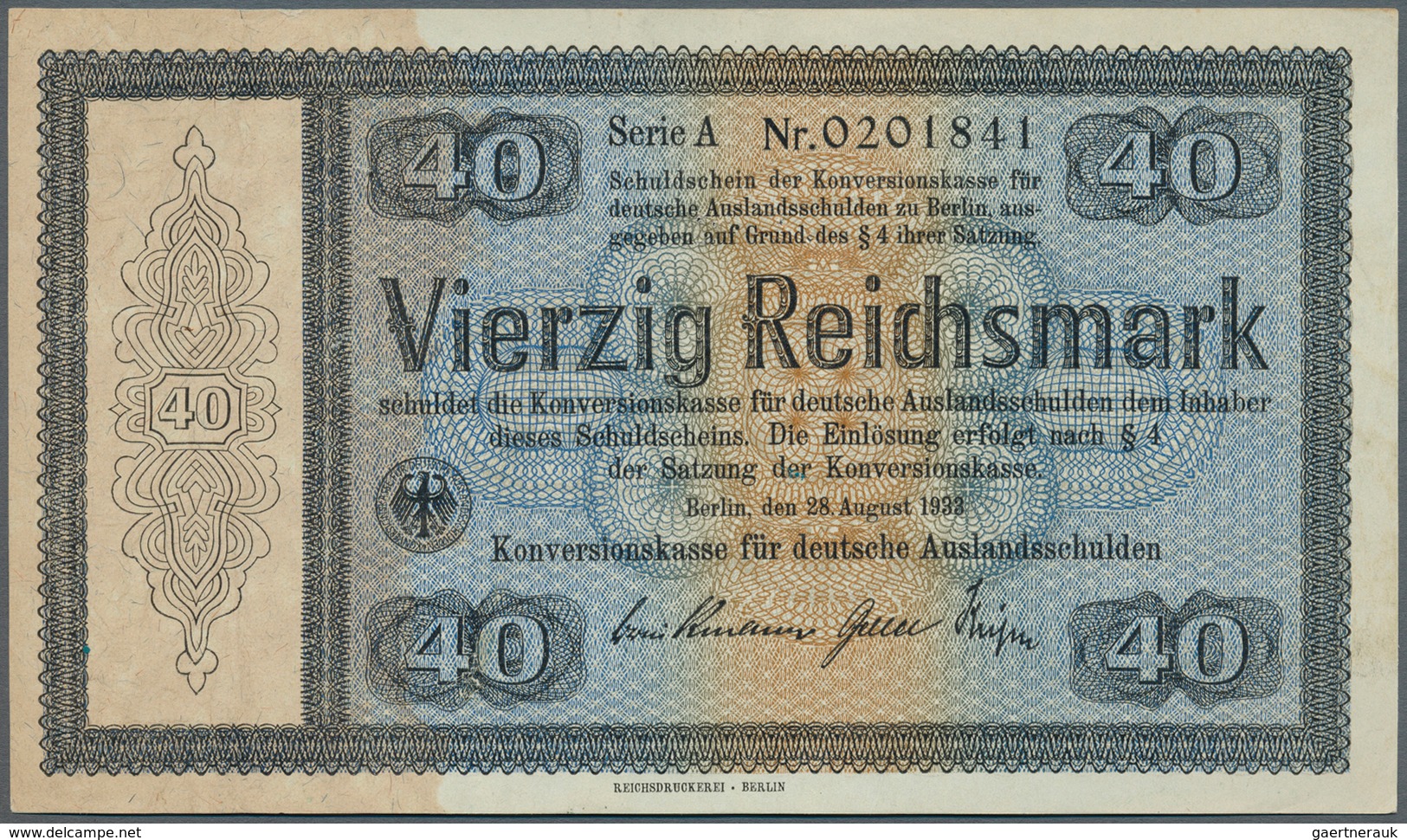 Deutschland - Deutsches Reich Bis 1945: Reichskonversionskasse: 40 Reichsmark 1933 Mit Heftlöchern, - Autres & Non Classés