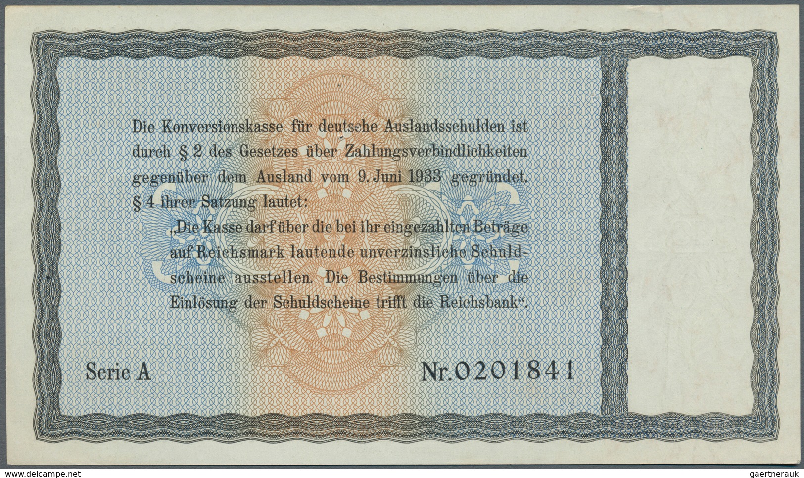Deutschland - Deutsches Reich Bis 1945: Reichskonversionskasse: 40 Reichsmark 1933 Mit Heftlöchern, - Altri & Non Classificati