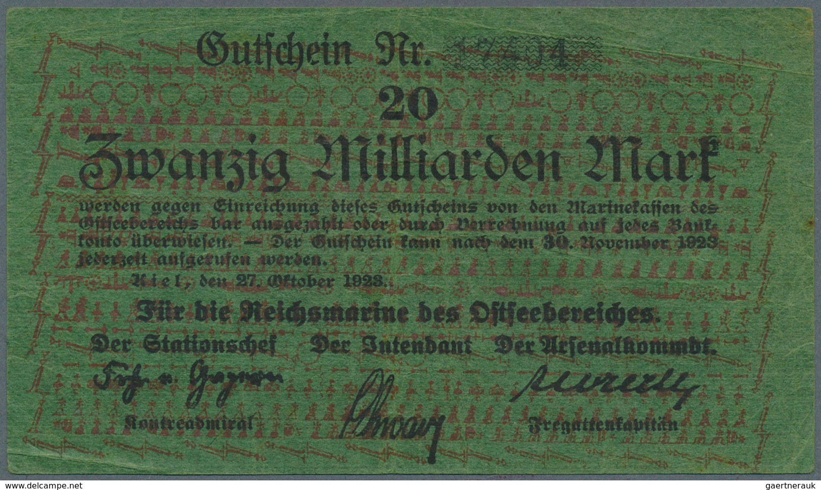 Deutschland - Deutsches Reich Bis 1945: Reichsmarine Ostseebereich 20 Milliarden Mark 1923 Pick M29, - Autres & Non Classés