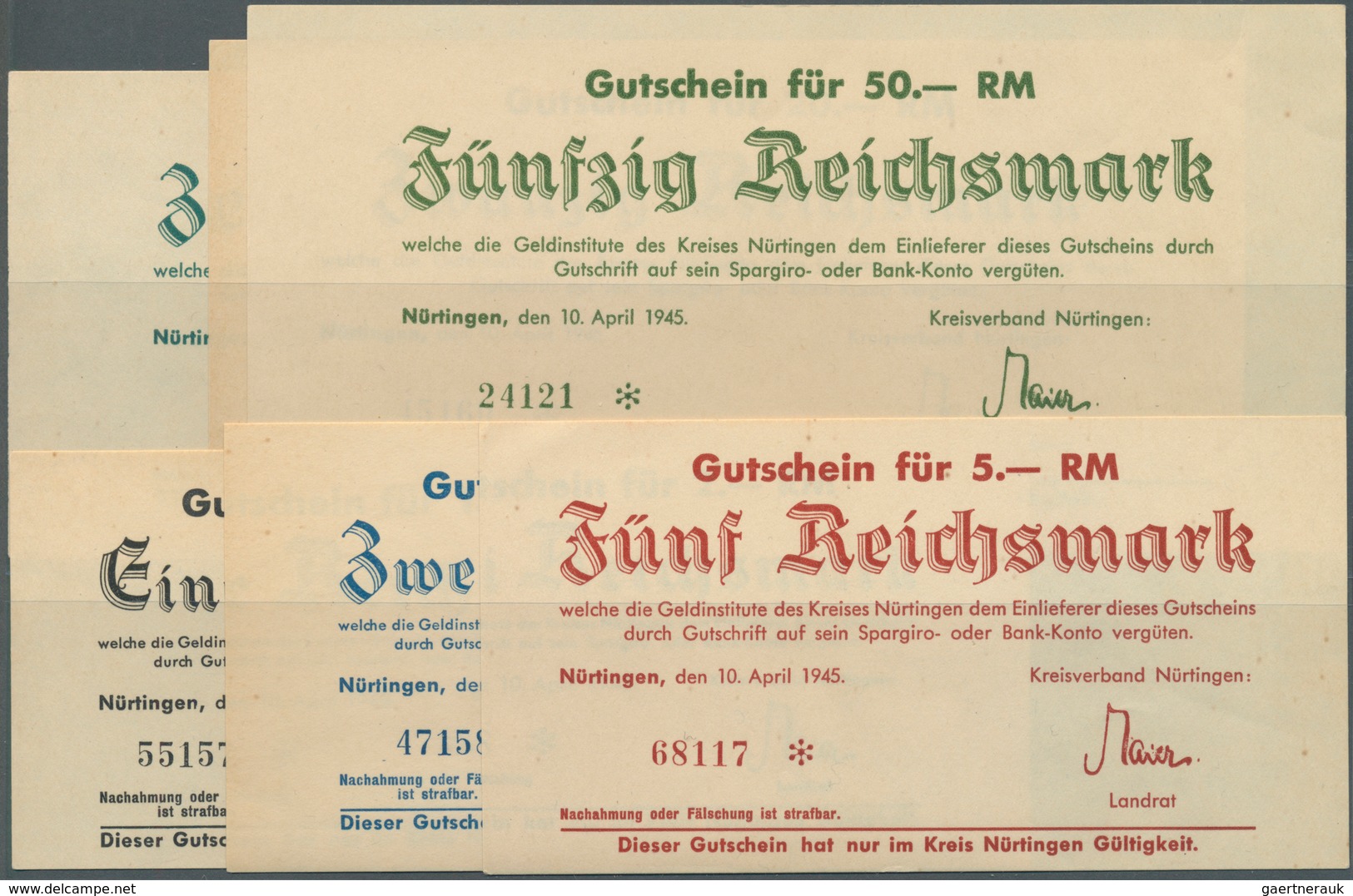 Deutschland - Alliierte Miltärbehörde + Ausgaben 1945-1948: Nürtingen, Kreisverband, 1, 2, 5, 10, 20 - Autres & Non Classés