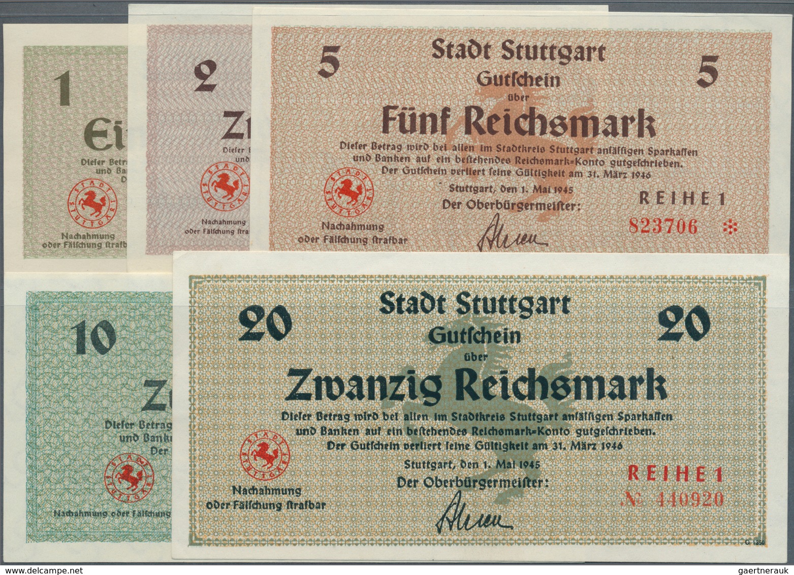 Deutschland - Alliierte Miltärbehörde + Ausgaben 1945-1948: Stuttgart, Stadt, 1, 2, 5, 10, 20 Reichs - Altri & Non Classificati