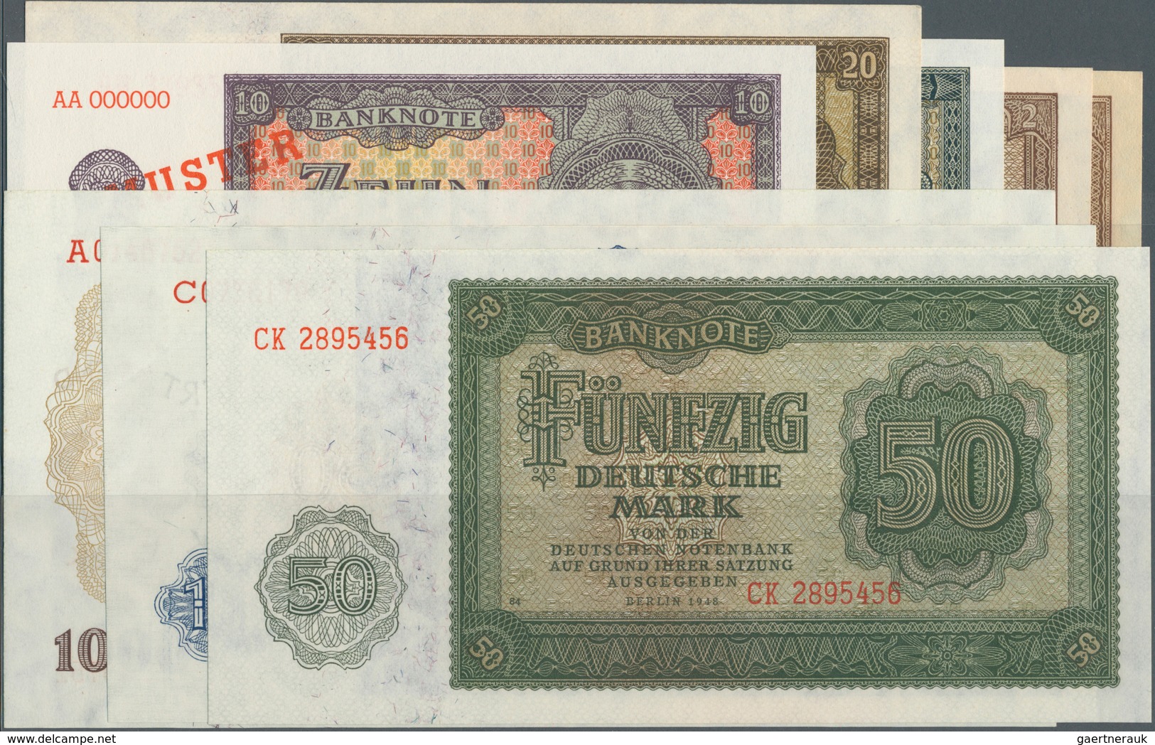 Deutschland - DDR: Set Mit 8 Banknoten Der Ausgaben 1948 Und 1954, Dabei 2 X 2 Mark, 10, 20, 50 Und - Autres & Non Classés