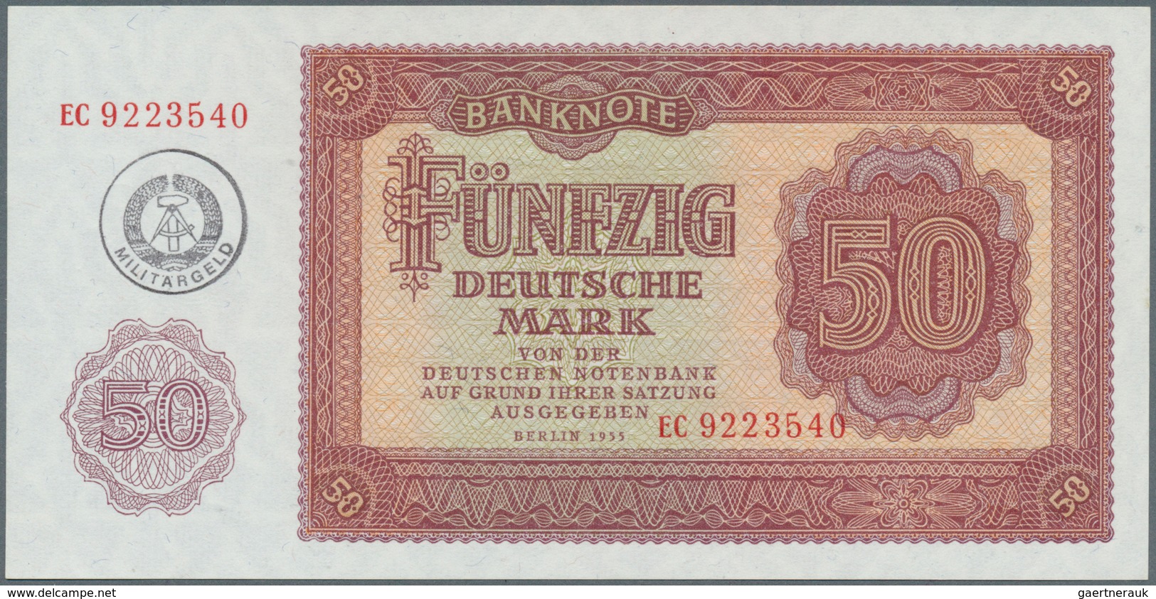 Deutschland - DDR: Seltene Banknote Zu 50 Mark 1955 Militärgeld Ro 377a Mit Handstempel Der NVA Auf - Autres & Non Classés