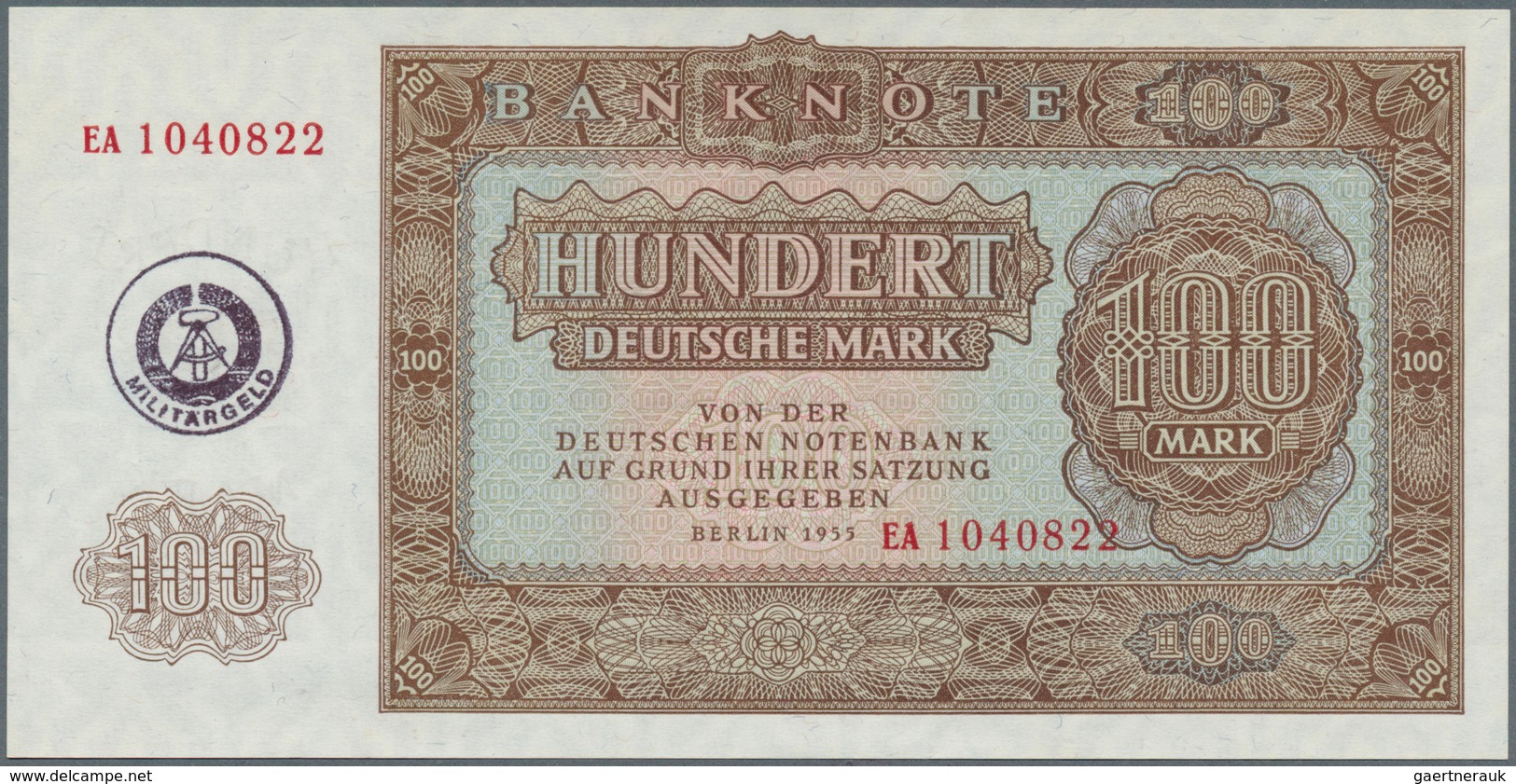 Deutschland - DDR: Seltene Banknote Zu 100 Mark 1955 Militärgeld Ro 378a Mit Handstempel Der NVA Auf - Autres & Non Classés