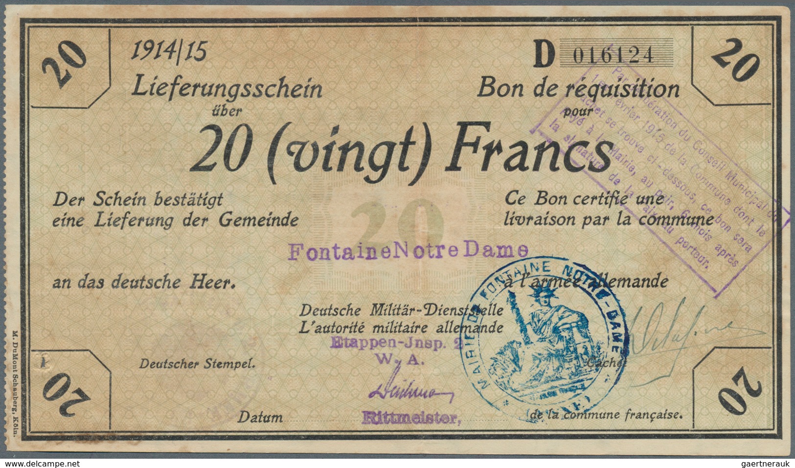 Deutschland - Nebengebiete Deutsches Reich: 20 Francs 1914/15 Militärgeld 1. Weltkrieg Besetzung Fra - Otros & Sin Clasificación