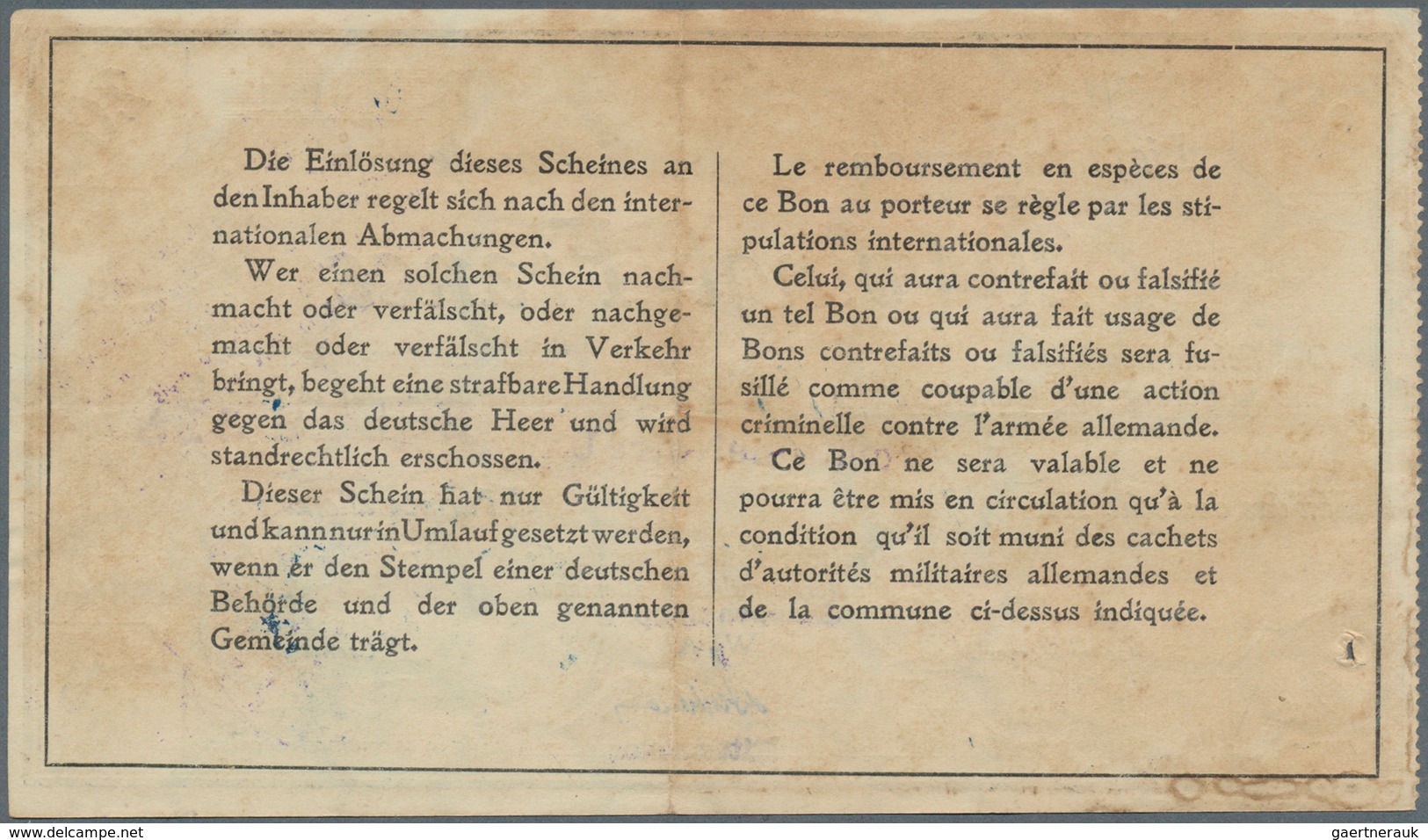 Deutschland - Nebengebiete Deutsches Reich: 20 Francs 1914/15 Militärgeld 1. Weltkrieg Besetzung Fra - Altri & Non Classificati