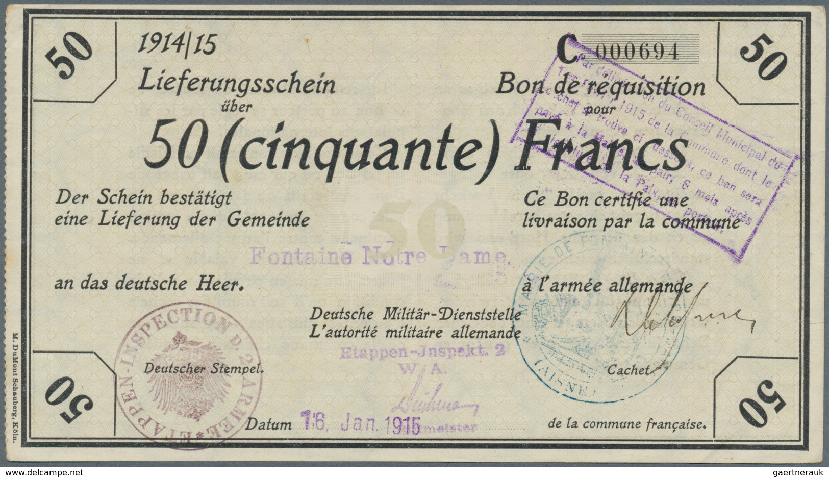 Deutschland - Nebengebiete Deutsches Reich: 50 Francs 1914/15 Militärgeld 1. Weltkrieg Besetzung Fra - Autres & Non Classés