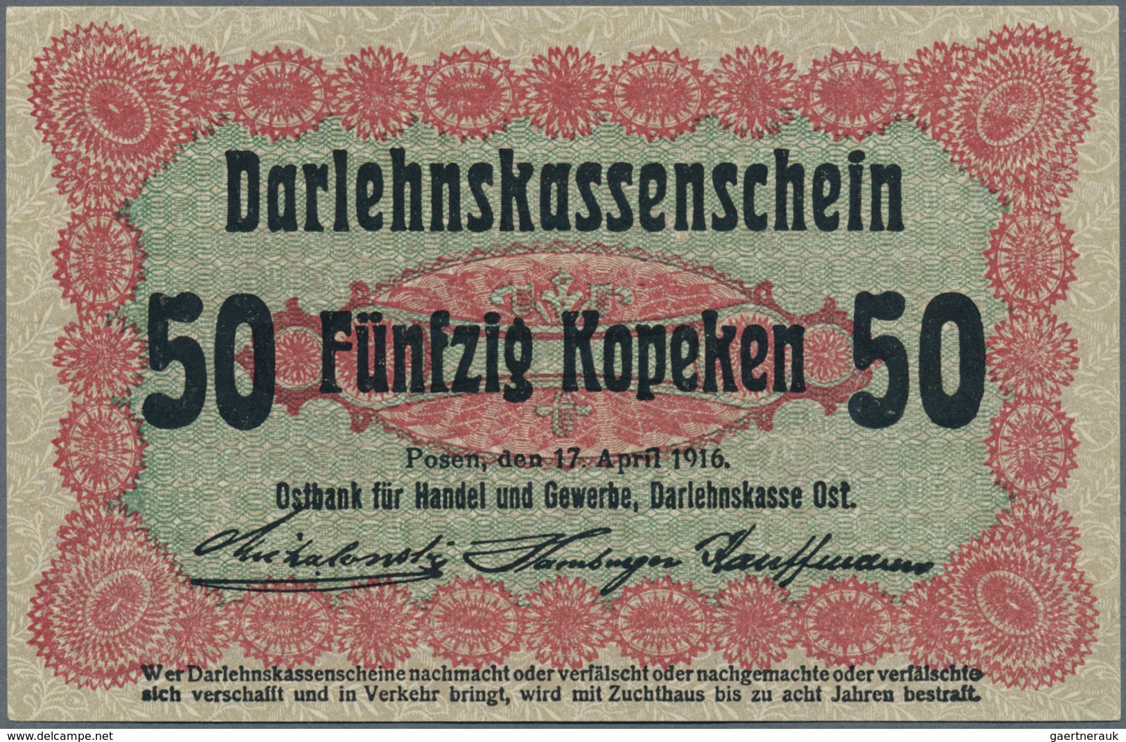 Deutschland - Nebengebiete Deutsches Reich: Darlehenskasse Ost - Posen, 50 Kopeken 1916 "astoni Gade - Altri & Non Classificati