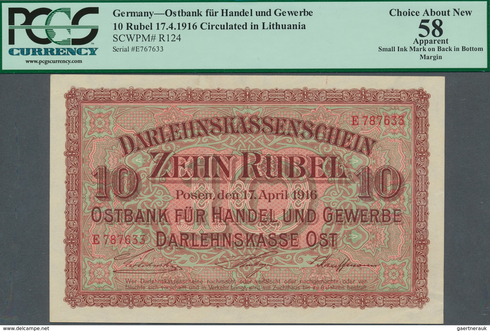 Deutschland - Nebengebiete Deutsches Reich: Darlehenskasse Ost - Posen, 10 Rubel 1916, Ro.461, Klein - Autres & Non Classés