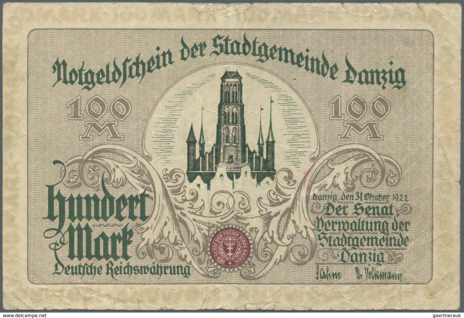 Deutschland - Nebengebiete Deutsches Reich: 100 Mark Danzig 1922, Ro.792, Gebraucht Mit Mehreren Kni - Altri & Non Classificati