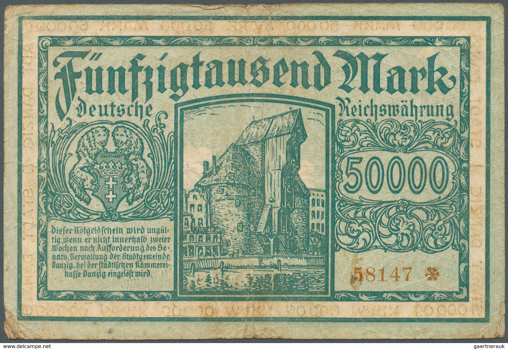 Deutschland - Nebengebiete Deutsches Reich: Danzig: 50.000 Mark 1923, Ro.797, Stärker Gebraucht, Ver - Otros & Sin Clasificación
