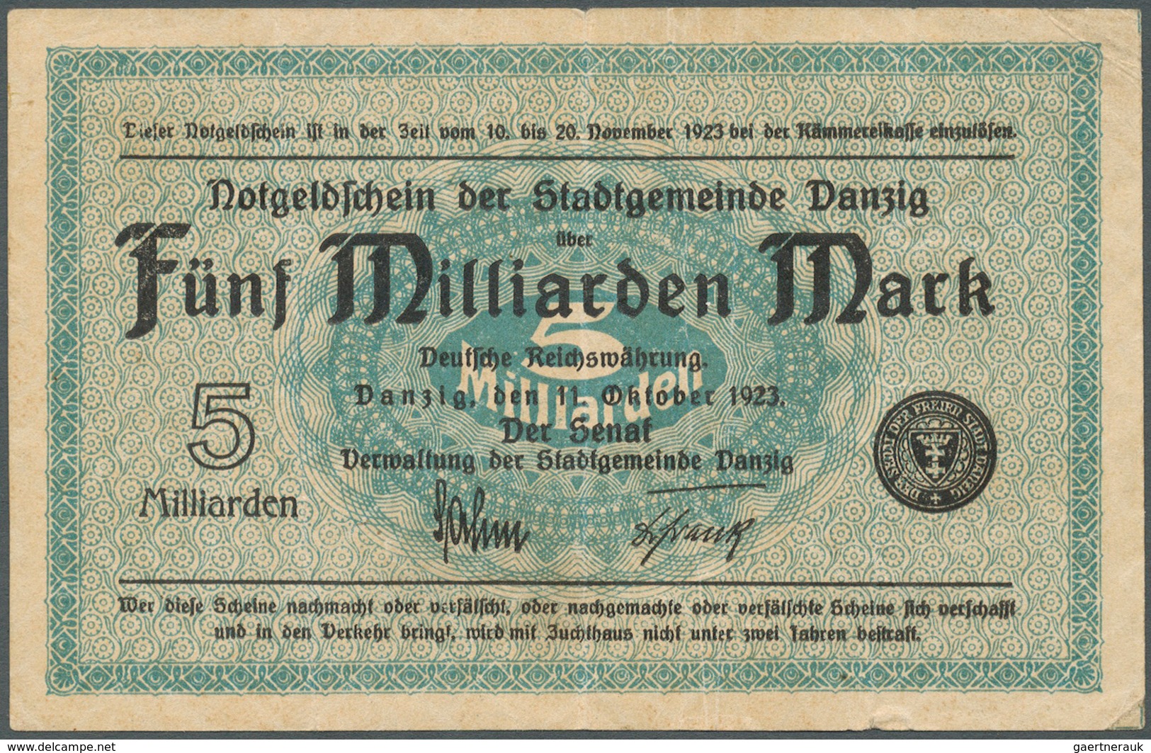 Deutschland - Nebengebiete Deutsches Reich: Danzig: 5 Milliarden Mark 1923, Ro.809a, Gebraucht Mit M - Altri & Non Classificati