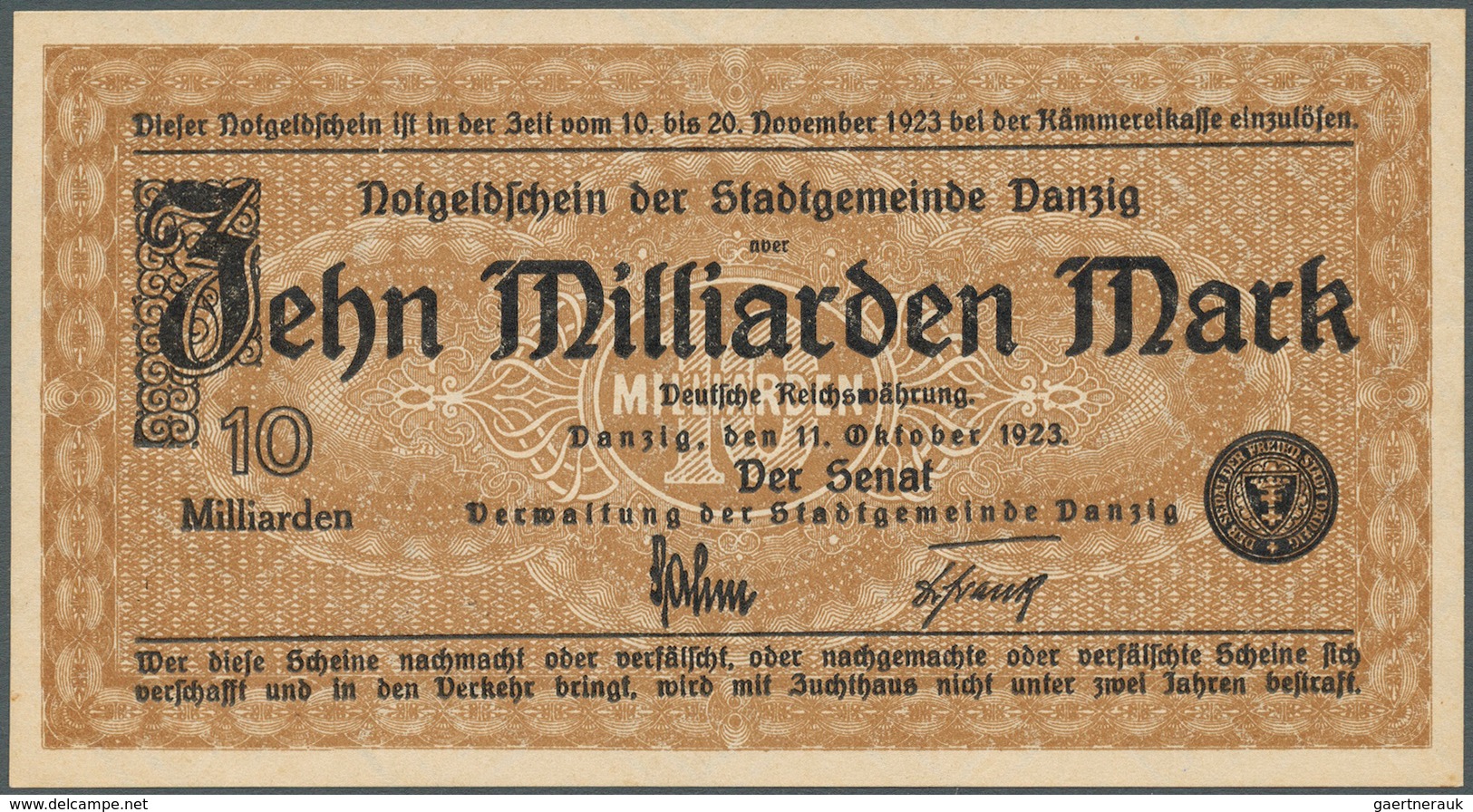 Deutschland - Nebengebiete Deutsches Reich: Danzig: 10 Milliarden Mark 1923, Ro.810a, Minimaler Eckk - Otros & Sin Clasificación