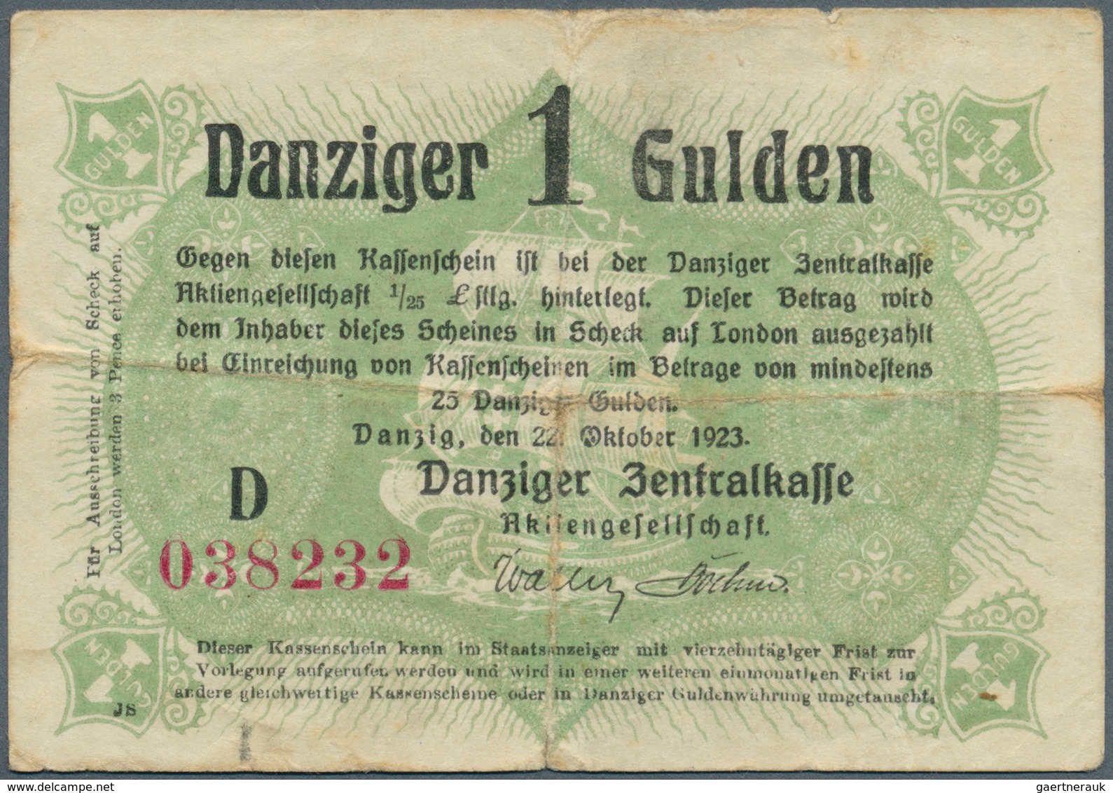 Deutschland - Nebengebiete Deutsches Reich: Danzig: 1 Gulden 1923, Ro.817, Stärker Gebraucht Mit Kle - Altri & Non Classificati