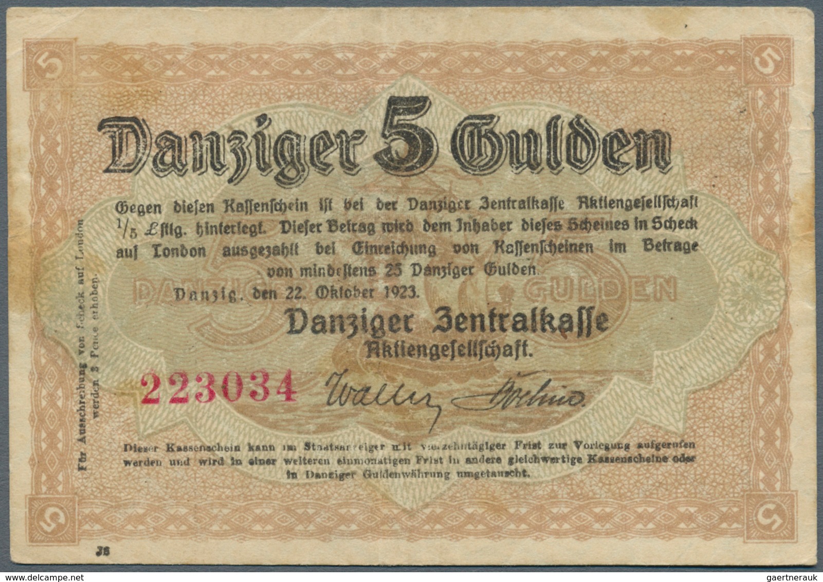 Deutschland - Nebengebiete Deutsches Reich: Danzig: 5 Gulden 1923, Ro.819, Hübsche Gebrauchserhaltun - Andere & Zonder Classificatie
