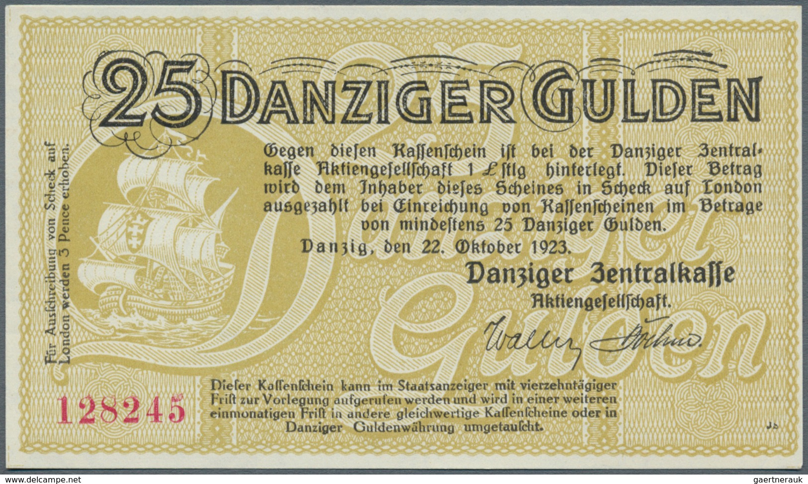 Deutschland - Nebengebiete Deutsches Reich: Danzig: 25 Gulden 1923, Ro.821 In Perfekt Kassenfrischer - Autres & Non Classés