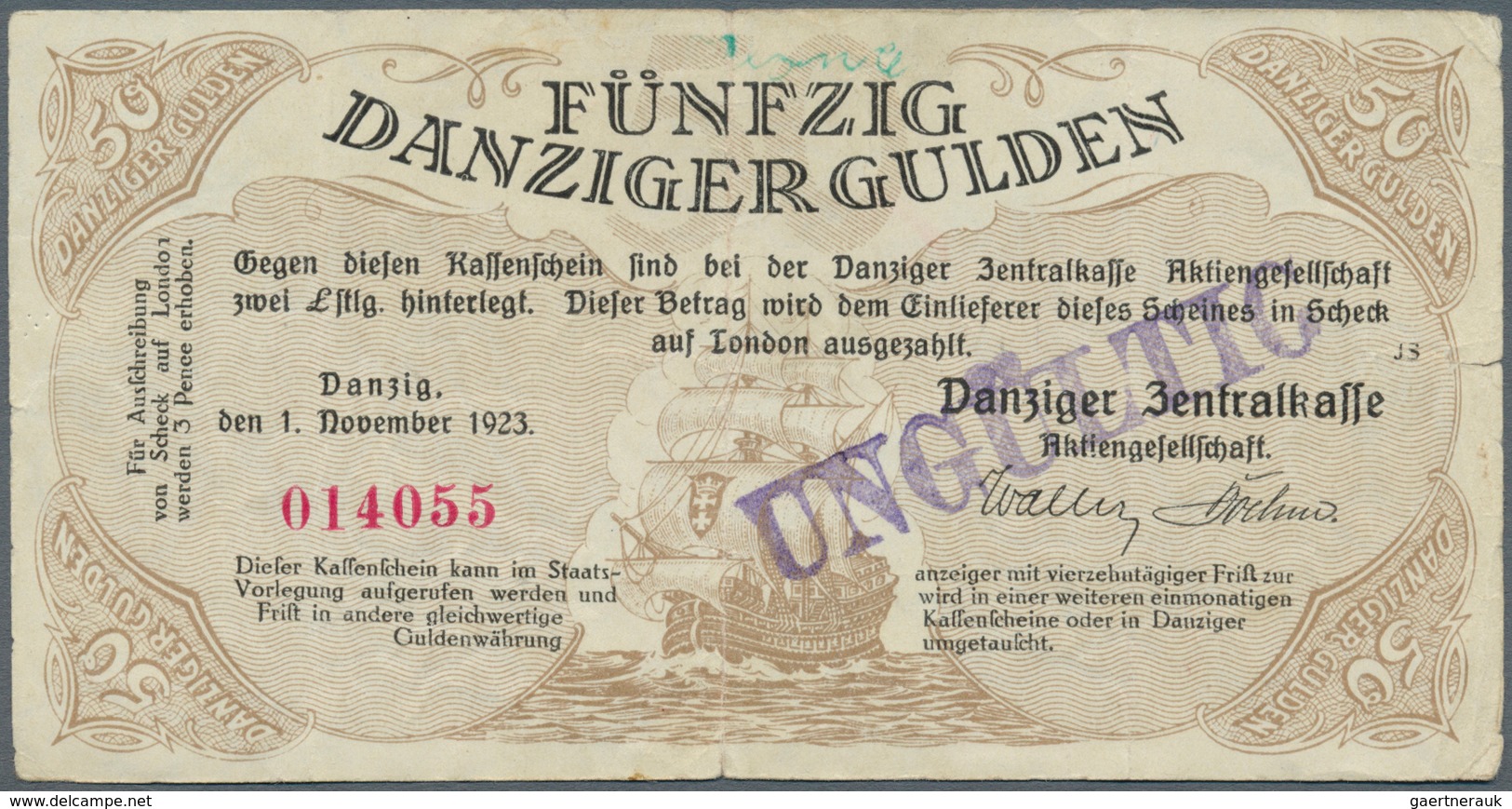 Deutschland - Nebengebiete Deutsches Reich: Danzig: 50 Gulden 1923, Ro.831, Gebraucht Mit Graffiti A - Otros & Sin Clasificación