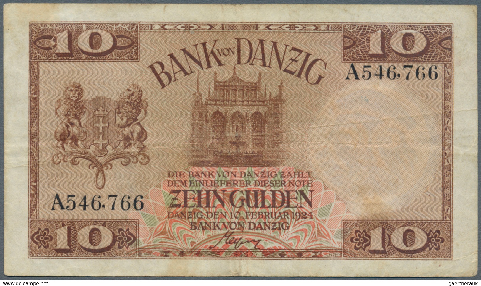 Deutschland - Nebengebiete Deutsches Reich: Danzig: 10 Gulden 1924, Ro.833a, Stärker Gebraucht Mit D - Autres & Non Classés