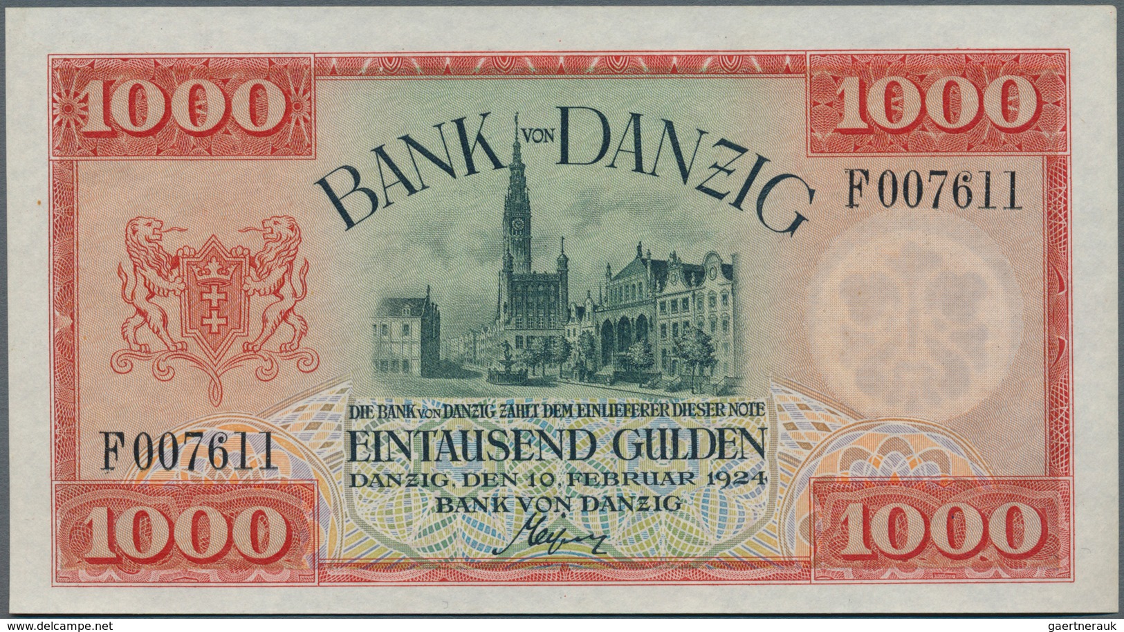 Deutschland - Nebengebiete Deutsches Reich: Danzig: 1000 Gulden 1924, Ro.837, Klebespuren Links Oben - Autres & Non Classés