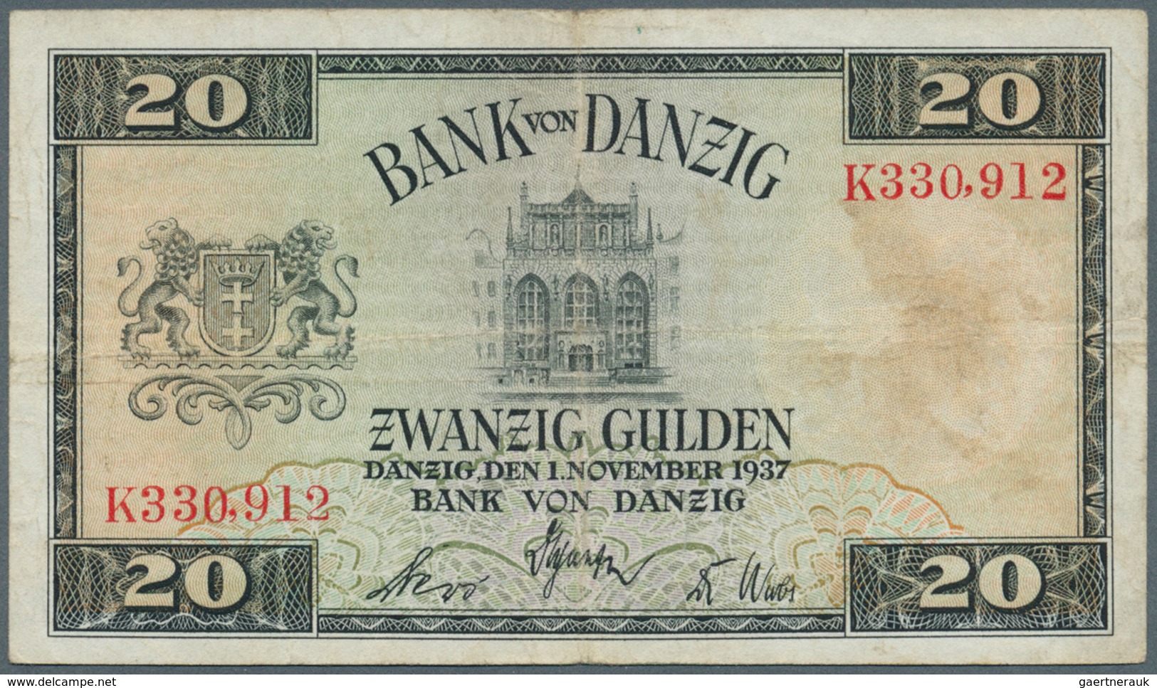 Deutschland - Nebengebiete Deutsches Reich: Danzig: 20 Gulden 1937, Ro.844a, Gebraucht Mit Flecken U - Autres & Non Classés