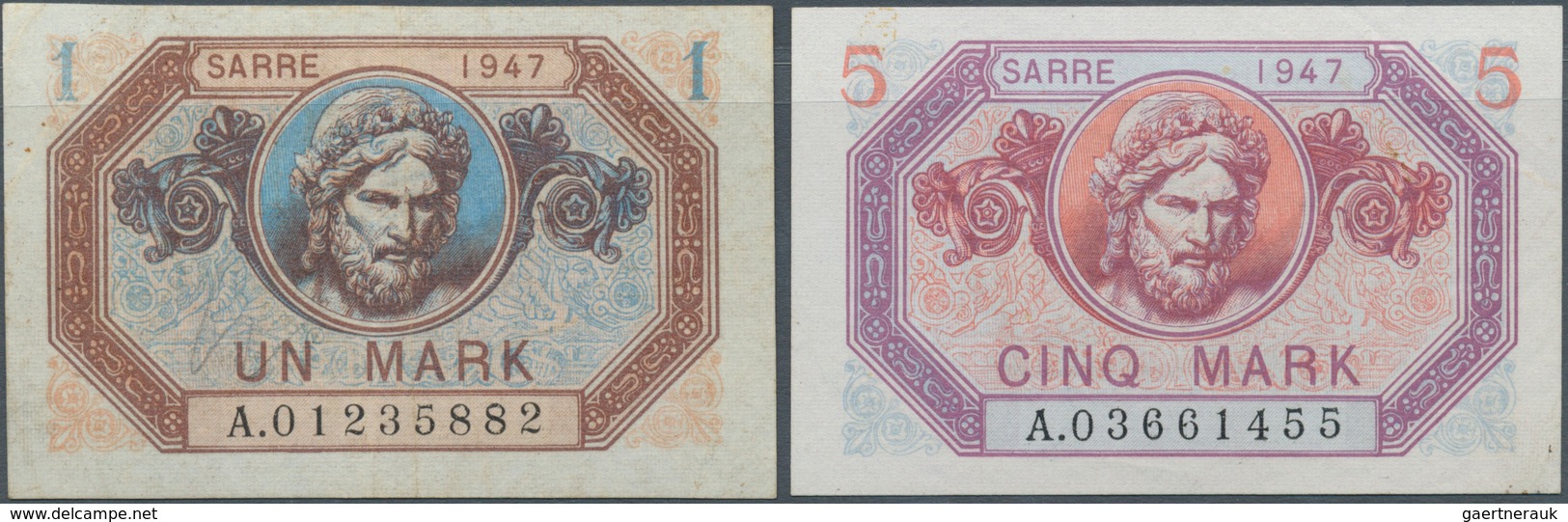 Deutschland - Nebengebiete Deutsches Reich: Set Von 2 Banknoten Saar Mark Zu 1 Und 5 Mark 1947 Ro 86 - Andere & Zonder Classificatie