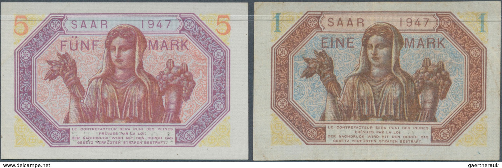 Deutschland - Nebengebiete Deutsches Reich: Set Von 2 Banknoten Saar Mark Zu 1 Und 5 Mark 1947 Ro 86 - Altri & Non Classificati