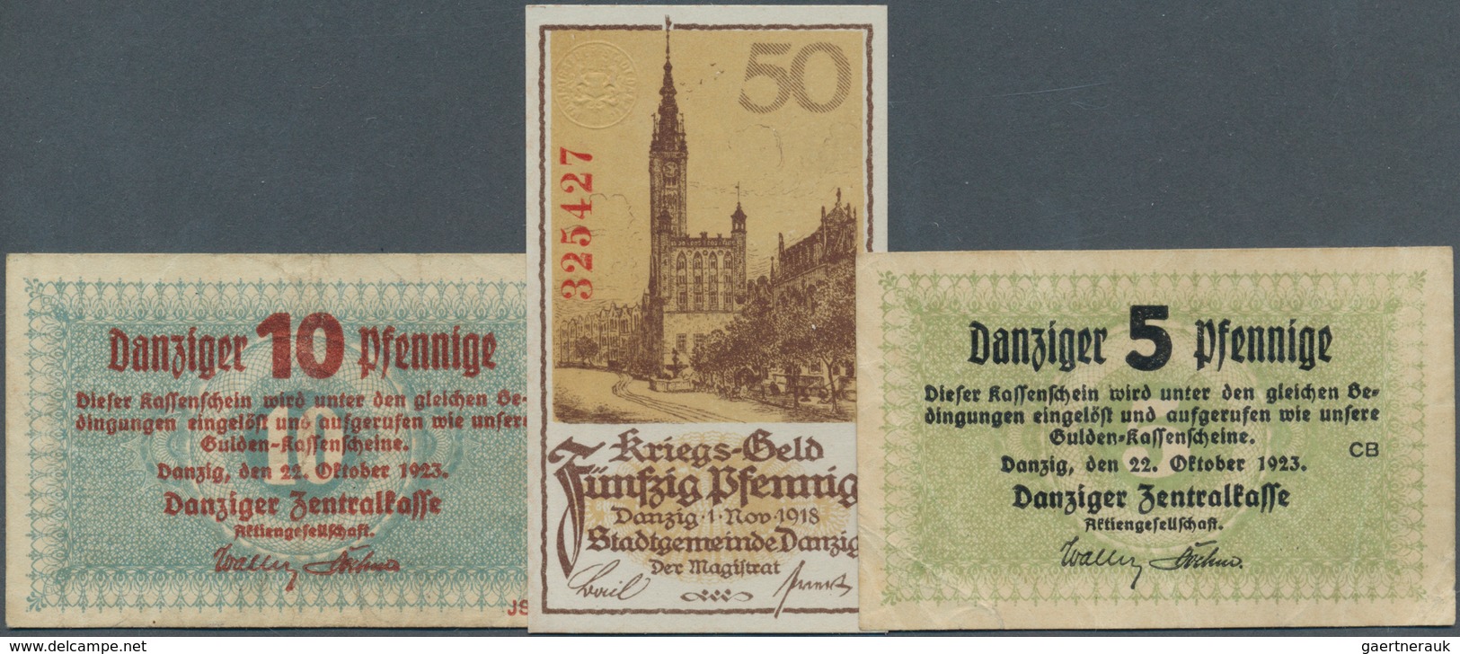 Deutschland - Nebengebiete Deutsches Reich: Danzig Set Mit 3 Noten 50 Kriegsgeld 1918, 5 Und 10 Pfen - Altri & Non Classificati
