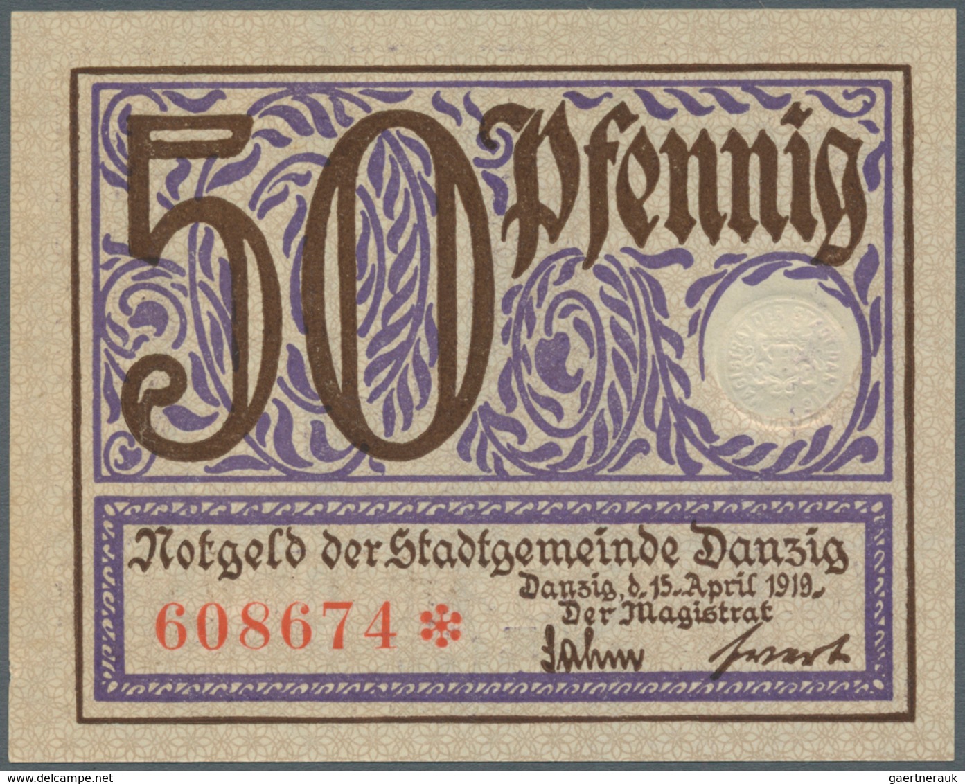 Deutschland - Nebengebiete Deutsches Reich: 50 Pfennig Stadtgemeinde Danzig 1919, P.11 Mit Leicht Be - Altri & Non Classificati