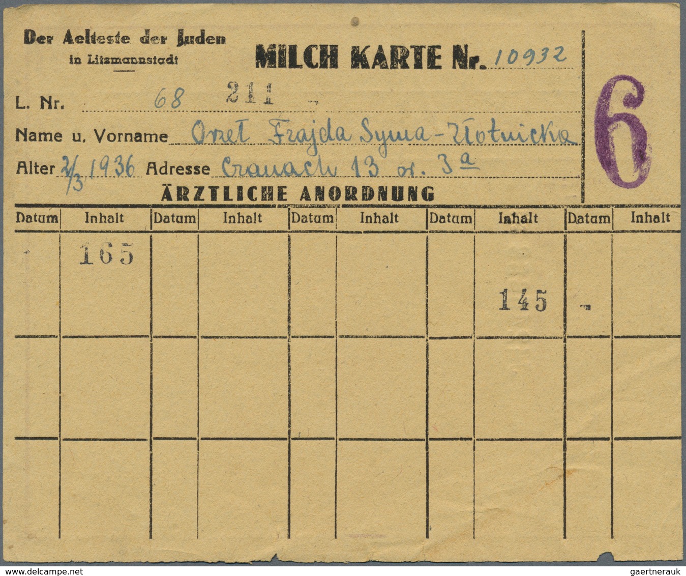 Deutschland - Konzentrations- und Kriegsgefangenenlager: Litzmannstadt Ghetto, Posten mit 13 Rations