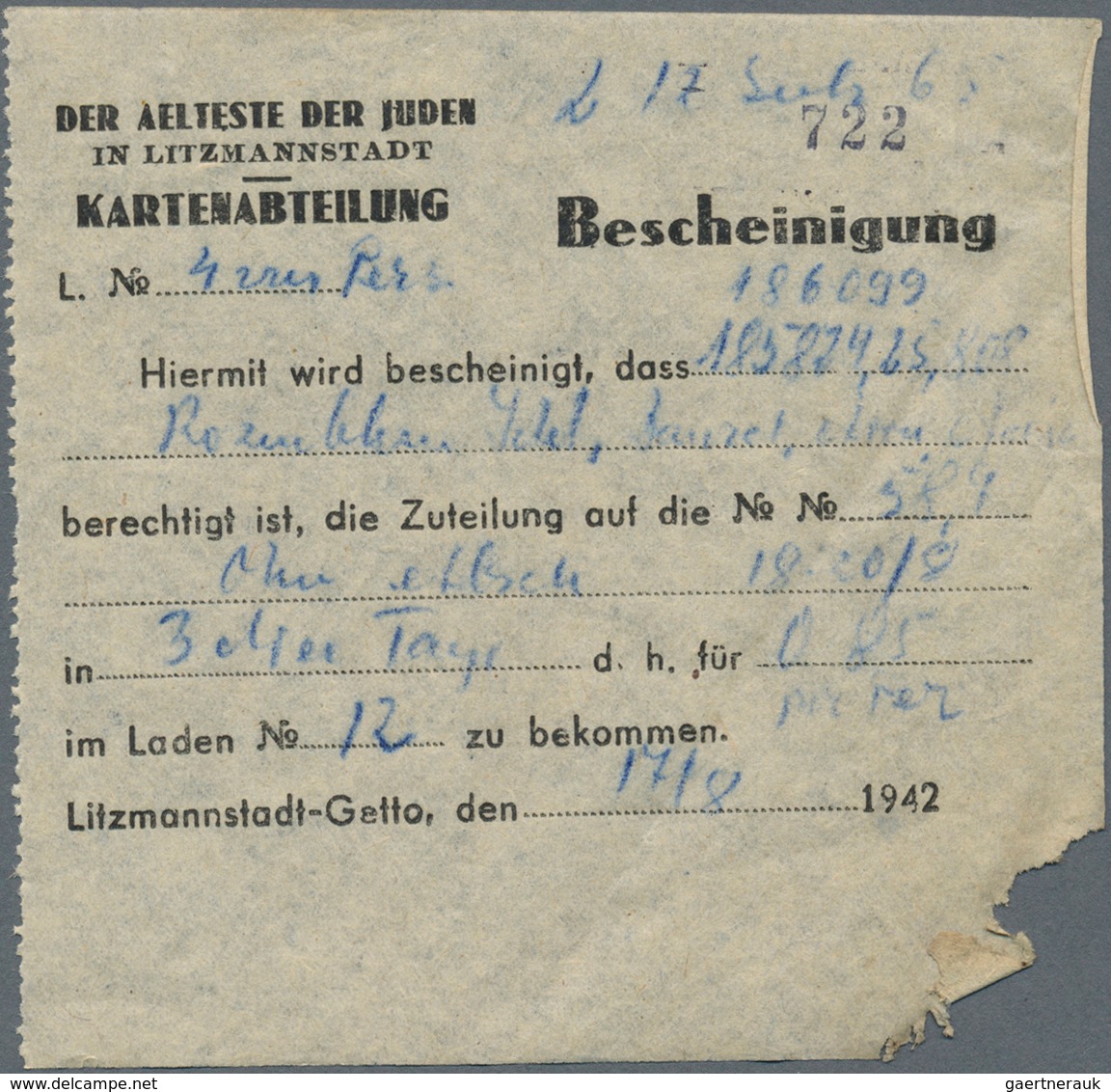 Deutschland - Konzentrations- und Kriegsgefangenenlager: Litzmannstadt Ghetto, Posten mit 10 Rations